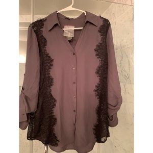 Dary Grey + Black Button Up Blouse w/ Lace Detail